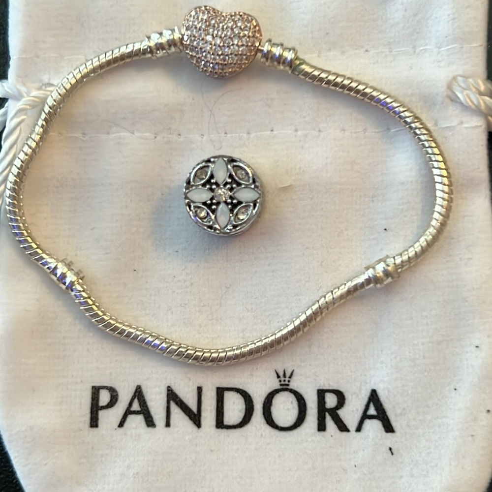 PANDORA STERLING SILVER MOMENTS SNAKE CHAIN CHARM BRACELET HEART CLASP